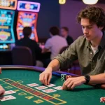 Joueur engagé dans une partie de blackjack sur un casino en ligne, entouré de graphiques colorés et d'une atmosphère animée.