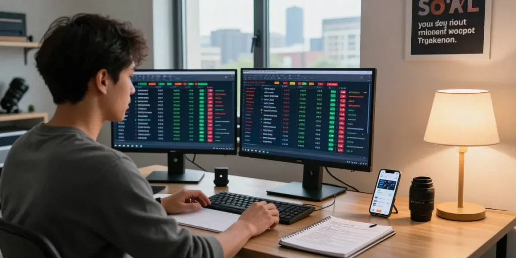 Un parieur dans son bureau analysera les cotes des bookmakers sans limite de mise pour maximiser ses gains.