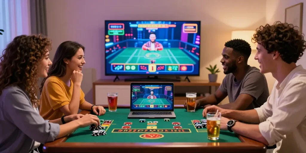 Groupe d'amis jouant ensemble à un casino en ligne, entourés de jetons colorés.