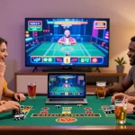 Groupe d'amis jouant ensemble à un casino en ligne, entourés de jetons colorés.