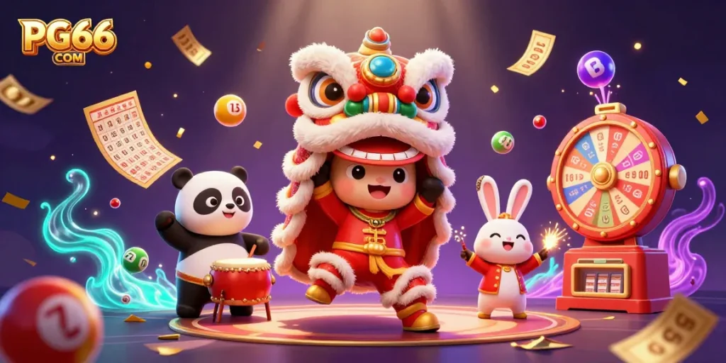 Engage with PG66 COM showcasing a vibrant 3D casino scene with animated characters celebrating gaming excitement.