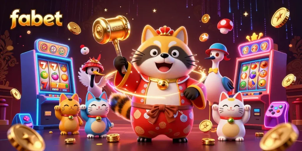 Engage with fabet's dynamic casino experience featuring cheerful characters and colorful slot machines.
