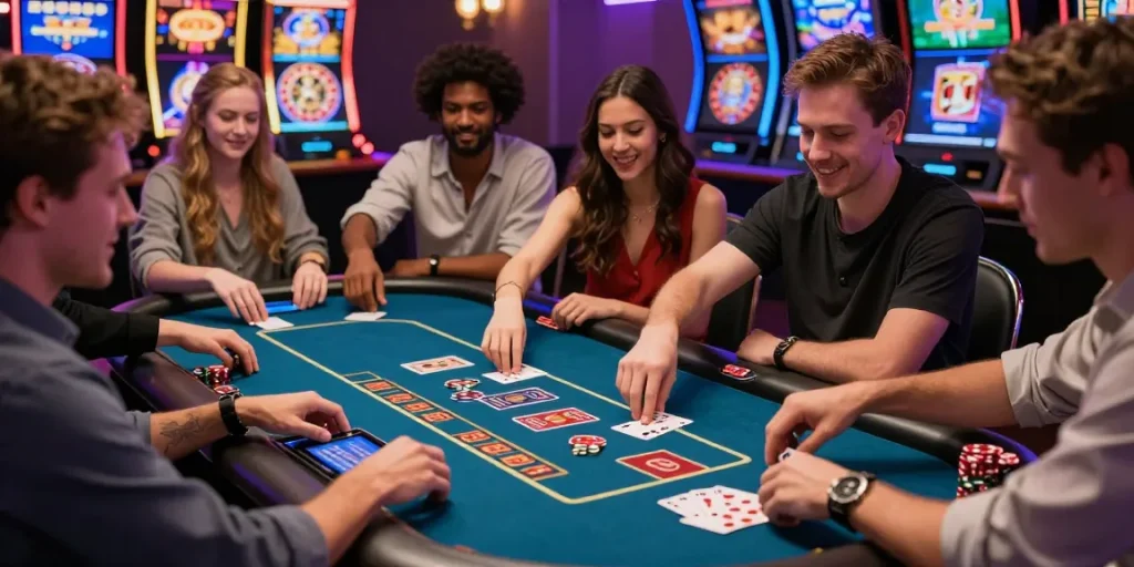 Expérience dynamique de casino fiable en ligne avec des joueurs enthousiastes autour d'une table numérique.