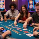 Expérience dynamique de casino fiable en ligne avec des joueurs enthousiastes autour d'une table numérique.