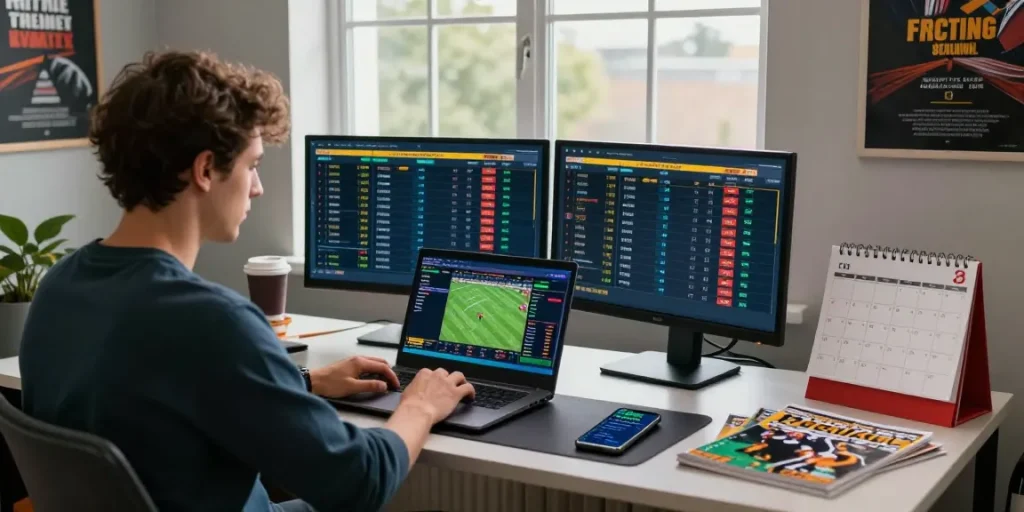 Un parieur analysant des cotes sur un ordinateur pour bookmaker sans limite de mise dans un environnement de travail moderne.