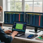 Un parieur analysant des cotes sur un ordinateur pour bookmaker sans limite de mise dans un environnement de travail moderne.