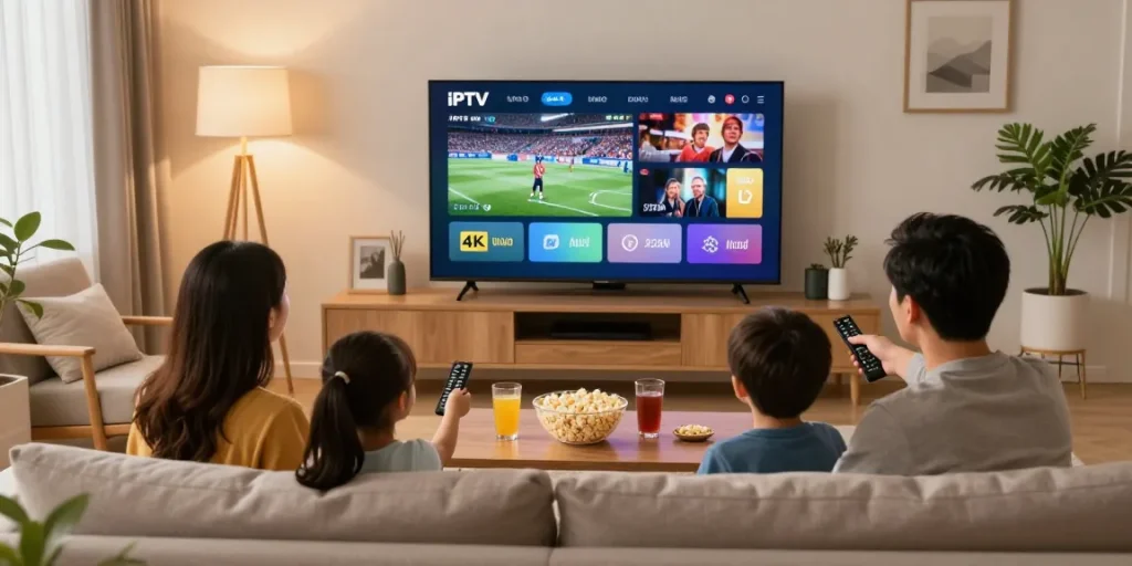 Profitez d'un abonnement IPTV pour regarder la télévision en famille dans un cadre moderne et chaleureux.
