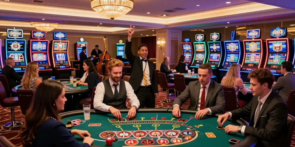 Expérience de casino en ligne avec des joueurs heureux et des machines à sous colorées.