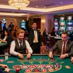 Expérience de casino en ligne avec des joueurs heureux et des machines à sous colorées.