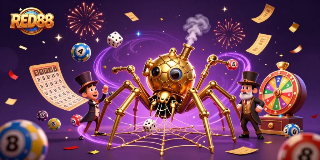 Engage with RED88's vibrant casino illustration depicting a steampunk spider and playful elements.