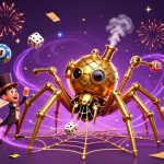 Engage with RED88's vibrant casino illustration depicting a steampunk spider and playful elements.