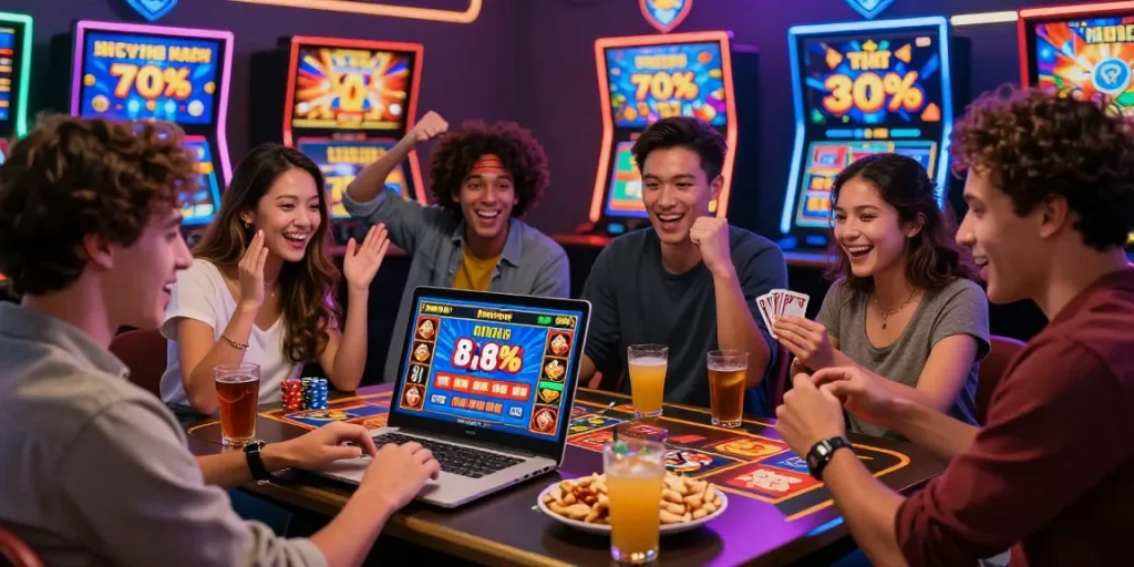 Amis jouant à des jeux de casino en ligne avec enthousiasme, ambiance colorée et captivante.