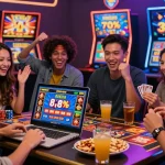 Amis jouant à des jeux de casino en ligne avec enthousiasme, ambiance colorée et captivante.