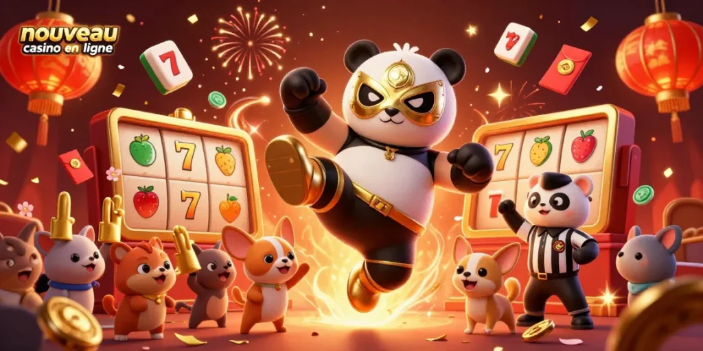 Un panda professionnel en masque doré livre un coup de pied tout en jouant dans un nouveau casino en ligne.