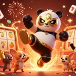 Un panda professionnel en masque doré livre un coup de pied tout en jouant dans un nouveau casino en ligne.