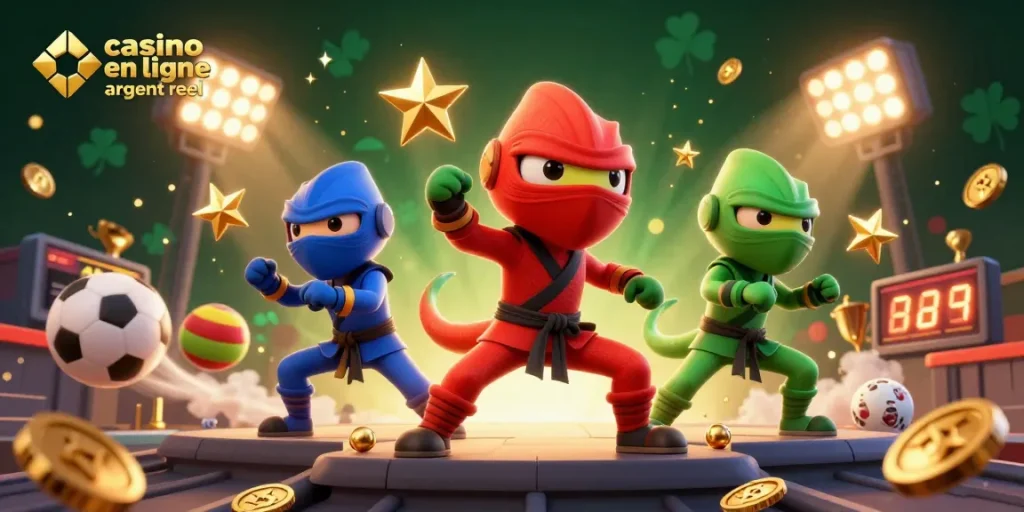 Découvrez le casino en ligne argent réel avec une illustration dynamique de chameleons ninjas en action.