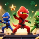 Découvrez le casino en ligne argent réel avec une illustration dynamique de chameleons ninjas en action.