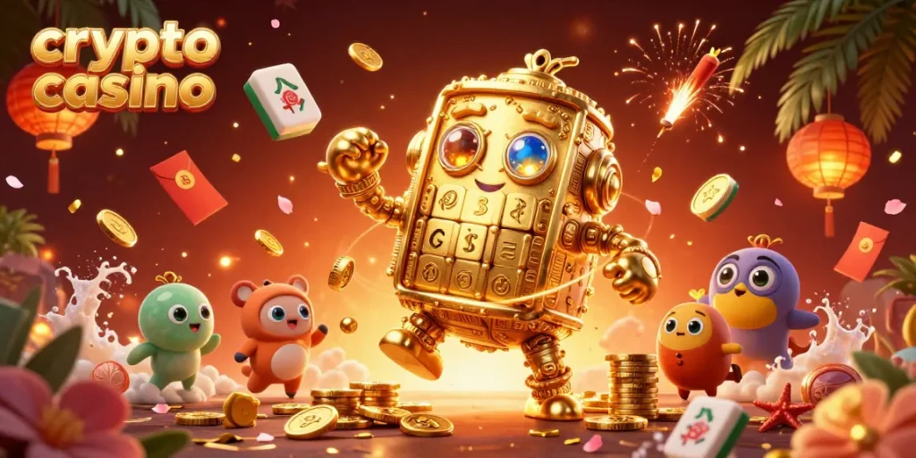 Découvrez le crypto casino avec un golem doré entouré de pièces et de lanternes, plein d'énergie.