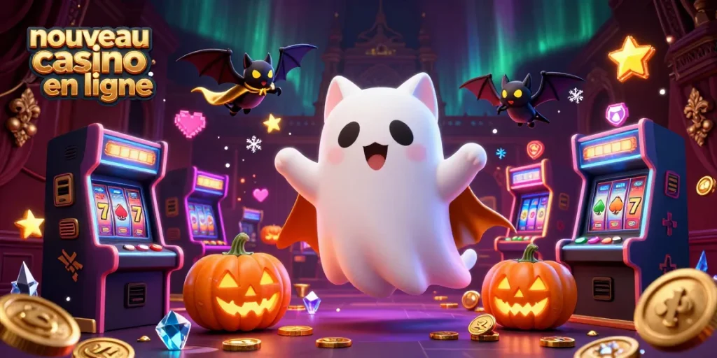 Jouez au nouveau casino en ligne avec un chat fantôme et une chauve-souris décorée, entourés de machines à sous et d'éléments de jeu.