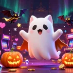 Jouez au nouveau casino en ligne avec un chat fantôme et une chauve-souris décorée, entourés de machines à sous et d'éléments de jeu.