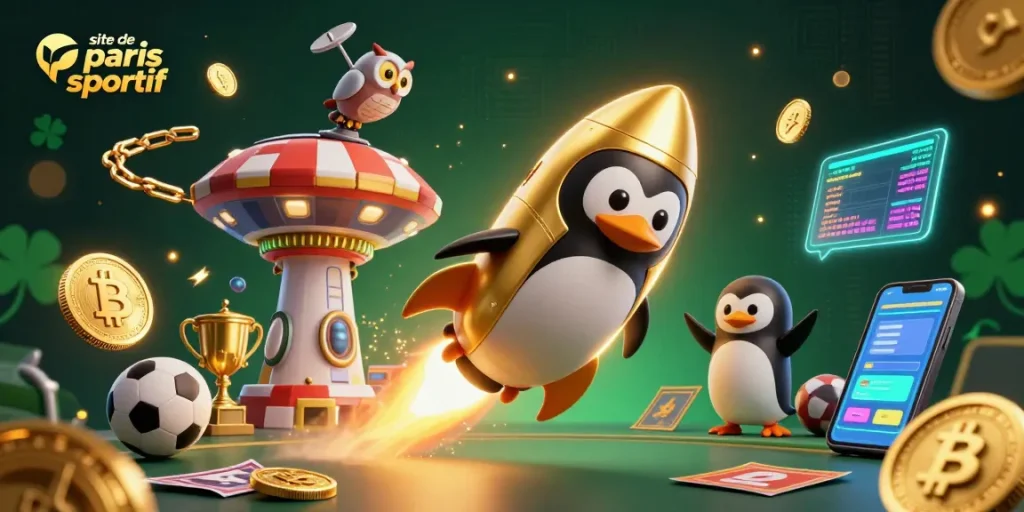 Découvrez un site de paris sportif dynamique avec un pingouin doré et des éléments de jeu.