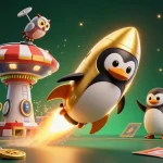 Découvrez un site de paris sportif dynamique avec un pingouin doré et des éléments de jeu.