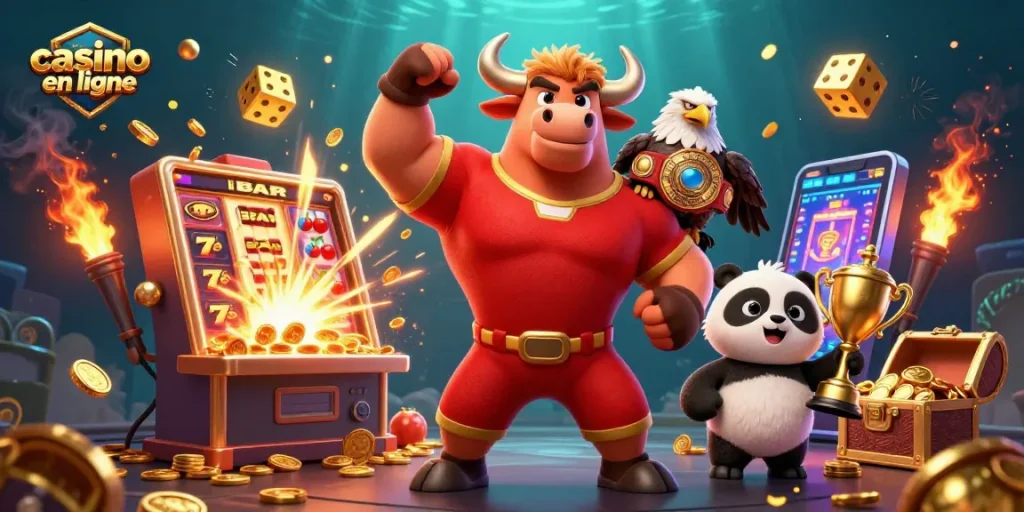 Illustration animée de victoire d'un taureau avec un aigle et un panda, célébrant dans un nouveau casino en ligne.
