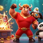 Illustration animée de victoire d'un taureau avec un aigle et un panda, célébrant dans un nouveau casino en ligne.