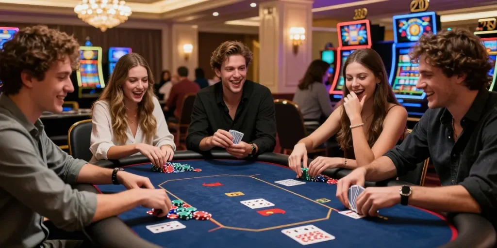 Un groupe d'amis jouant au poker dans un casino en ligne, ambiance dynamique et excitante.