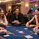 Un groupe d'amis jouant au poker dans un casino en ligne, ambiance dynamique et excitante.