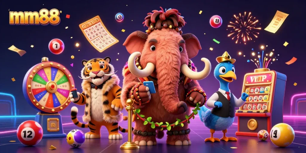 Experience mm88's vibrant gaming world with a bouncer mammoth and a VIP saber-tooth tiger.