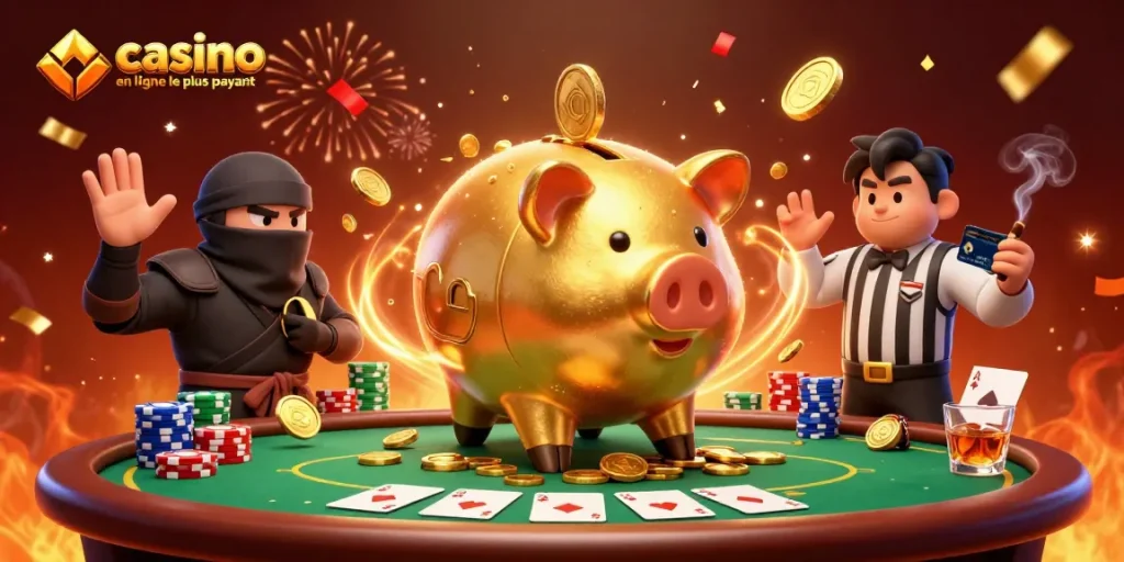 Jouer au casino en ligne le plus payant avec un personnage sumo et un ninja entourés de jetons et de cartes.