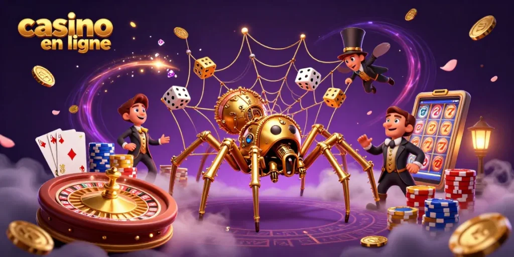 Jouer dans un casino en ligne grâce à l'araignée en steampunk qui attrape des dés malchanceux dans une toile dorée.