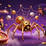 Jouer dans un casino en ligne grâce à l'araignée en steampunk qui attrape des dés malchanceux dans une toile dorée.