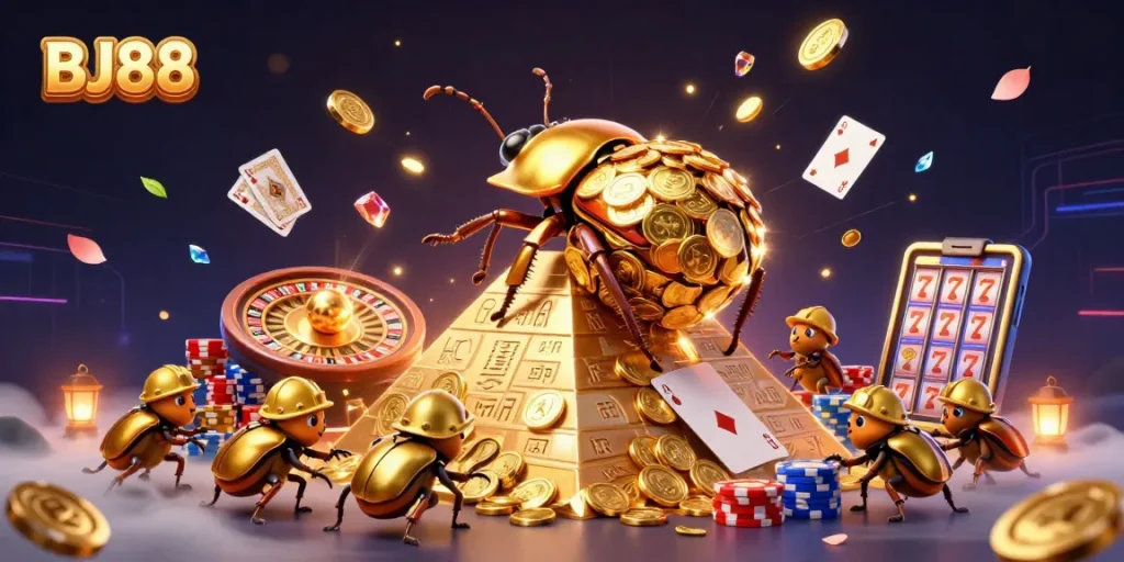 Spin to win at BJ88 with golden coins cascading through an exciting 3D casino world!