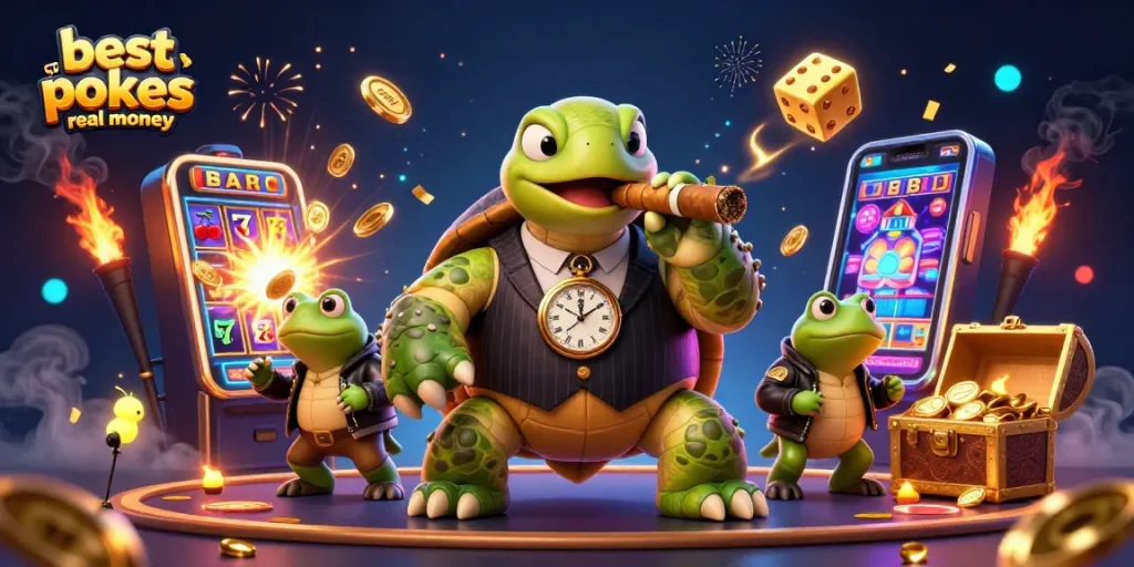 Experience the thrill of the best online pokies real money with a vibrant casino scene illustration.