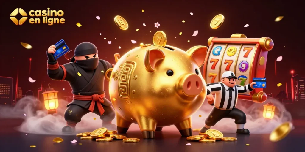 Jouez au casino en ligne avec un sumo en ventre d'or et un ninja, entourés de symboles chanceux.