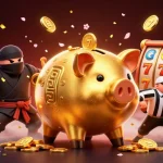 Jouez au casino en ligne avec un sumo en ventre d'or et un ninja, entourés de symboles chanceux.