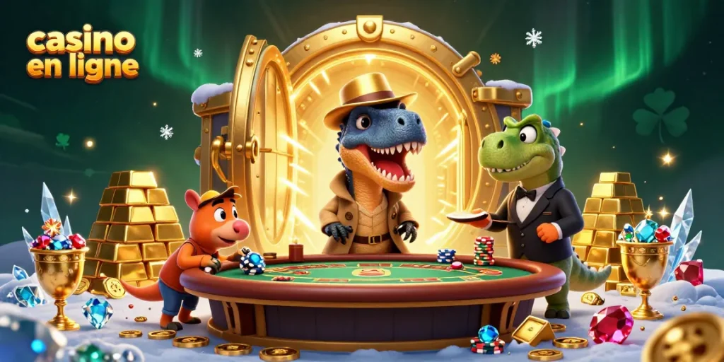 Jouer au casino en ligne avec un velociraptor comptant les cartes et un pit boss méfiant entouré de trésors étincelants.