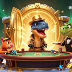 Jouer au casino en ligne avec un velociraptor comptant les cartes et un pit boss méfiant entouré de trésors étincelants.