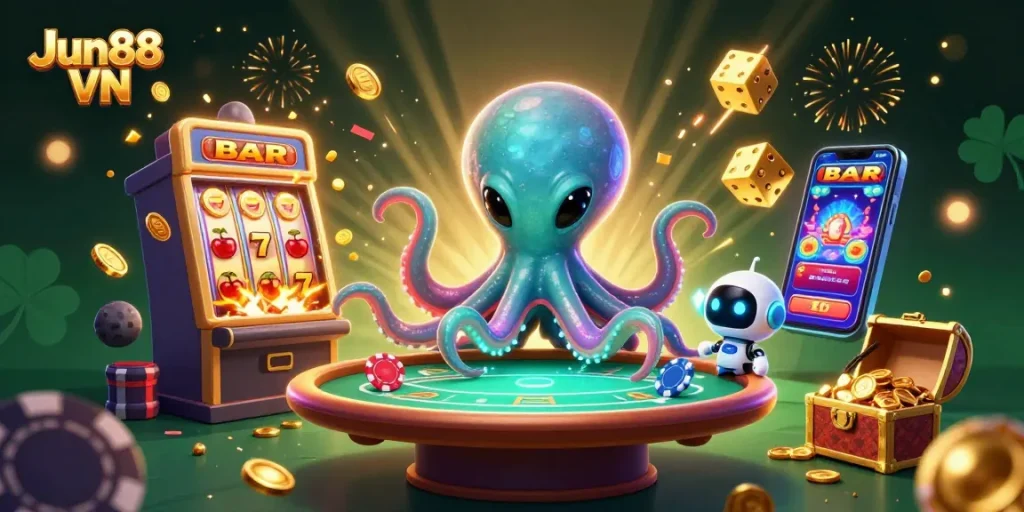 Experience thrilling gameplay with Jun88 VN as an alien octopus plays holographic poker in a vibrant casino scene.