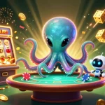 Experience thrilling gameplay with Jun88 VN as an alien octopus plays holographic poker in a vibrant casino scene.