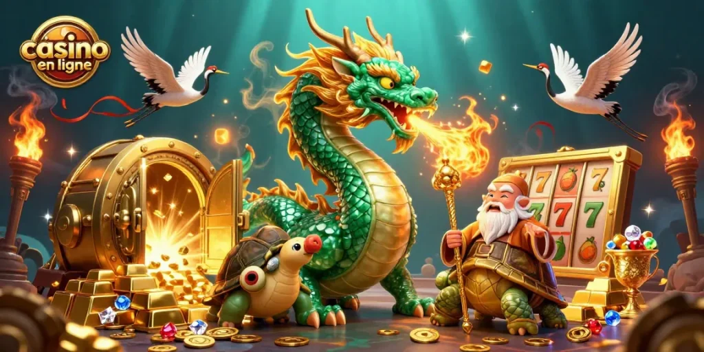 Jouez au nouveau casino en ligne avec un dragon jade et un sage illustrés en 3D dans une scène riche en or.