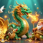 Jouez au nouveau casino en ligne avec un dragon jade et un sage illustrés en 3D dans une scène riche en or.