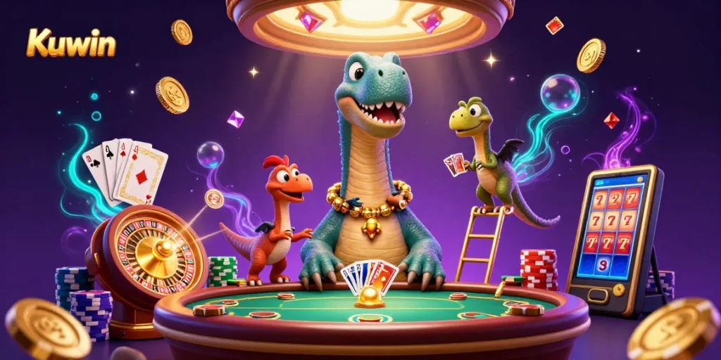 Kuwin offers an immersive gaming experience with a giant brontosaurus and a clever raptor dealer in a vibrant casino scene.