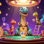 Kuwin offers an immersive gaming experience with a giant brontosaurus and a clever raptor dealer in a vibrant casino scene.