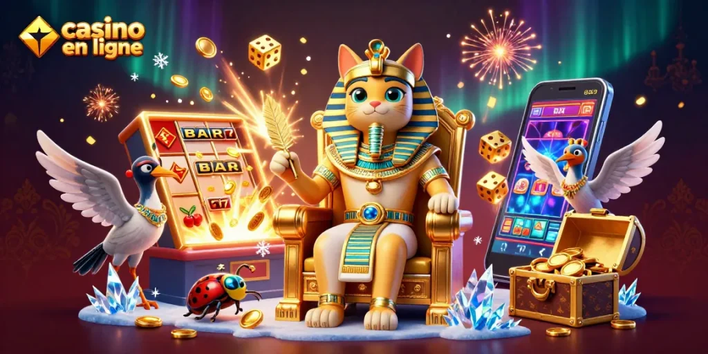 Admirez le casino en ligne, un chat pharaon égyptien entouré de jeux de casino dynamiques.