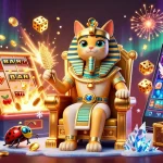 Admirez le casino en ligne, un chat pharaon égyptien entouré de jeux de casino dynamiques.