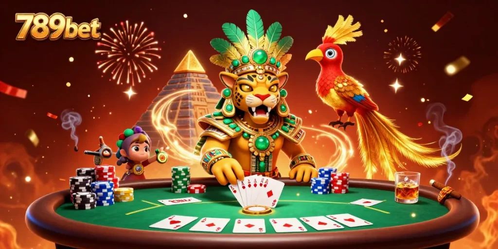 Experience the excitement of 789bet with a vibrant casino scene featuring poker tables and celebratory elements.