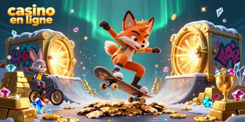 Plongez dans l'univers du casino en ligne avec un renard et un lapin sur des jetons de poker dorés.